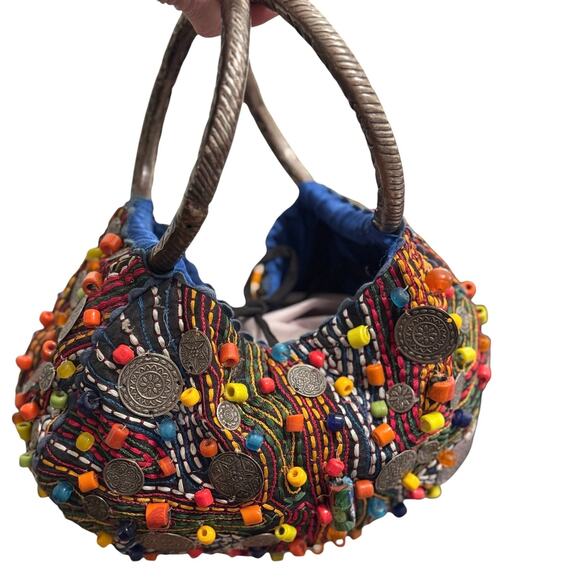 Chico's Heavily Beaded Coins Handbag Art to Wear Boho Kaleidoscop Silver Rings - Picture 9 of 9